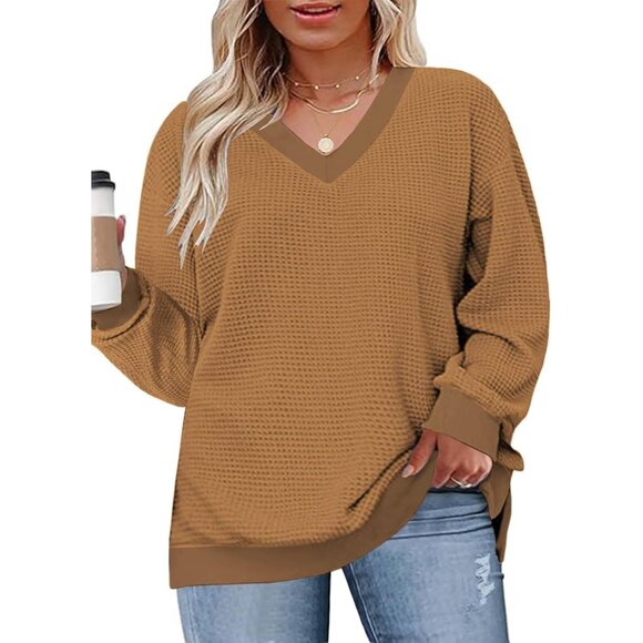 Tops - Plus Size Women's Knit V Neck Pullover with Side Split Casual Sweater